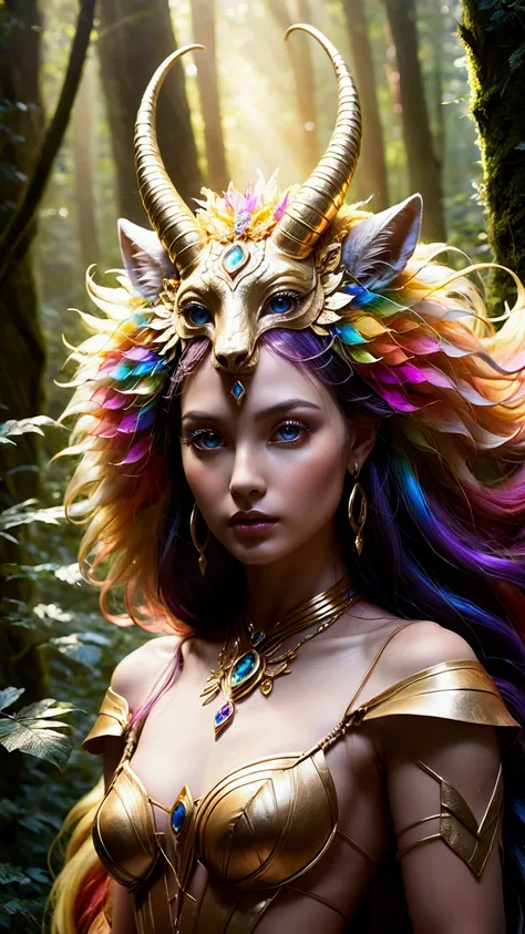 A beautiful, enchantingly elusive humanoid faunus woman, every aspect exudes magic in the midst of danger: shimmering rainbow fur, ethereal golden horn, and eyes that seem to hold the secrets of the universe. The mystical creature is surrounded by a lush, ...