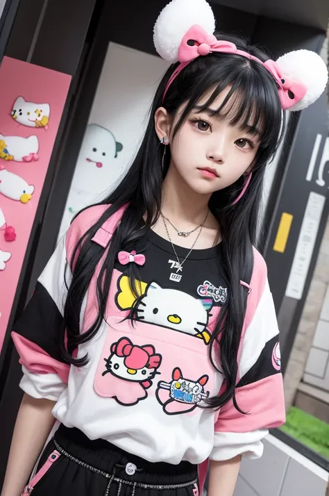 Hyunjin, do Stray Kids, with your straight black hair, decorated with various colorful Sanrio clips, como Hello Kitty, My Melody, and other cute characters.