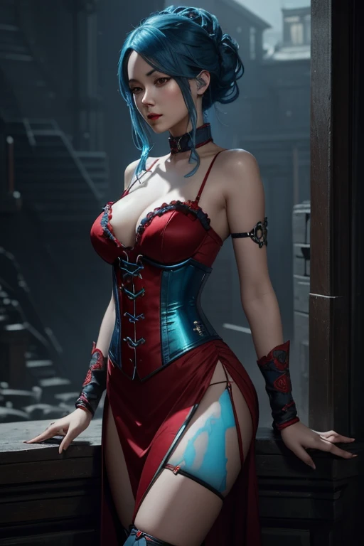 there is a woman with blue hair and a red dress posing, deviantart artstation cgscosiety, 8k high quality detailed art, artwork in the style of guweiz, beautiful digital artwork, ross tran 8 k, wlop. 4 k, 8k stunning artwork, cyan corset, digital fantasy a...