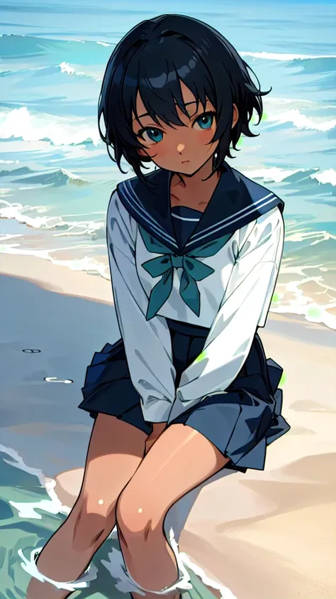 Anime Characters Tan Skin,Short black hair, Sit on the seaside, masterpiece, Highest quality, Detailed skin, Detailed eyes, Light blue eyes,8k, Good shading, Detailed Background, Excellent anatomy 、Sailor suit with green ribbon、Black sailor suit collar、Bla...