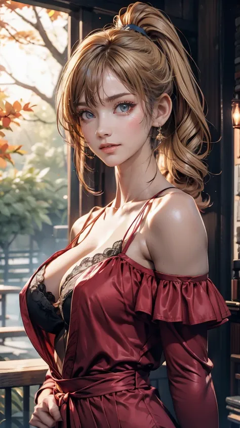 Close-up portrait, Sexy SS blonde, parted lips, lips, Off-the-shoulder casual dress, View your viewers, Forest Background, Sunset Light, Realistic、 24-year-old female、Sexy proportions、Sexy breasts、Narrow waist、Long eyelashes、Cleavage Emphasis、Split Ponytai...