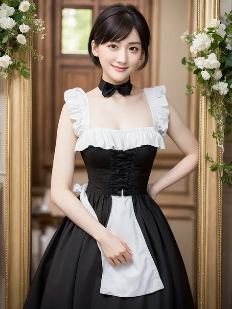 Highest quality、masterpiece、8k、Very detailed、Realistic、Looking at me with a smile、whole body、Black Hair、Short Hair、Small face、Slender、Big Breasts、Thin and beautiful legs、narrow and constricted waist,、Victorian maid clothes