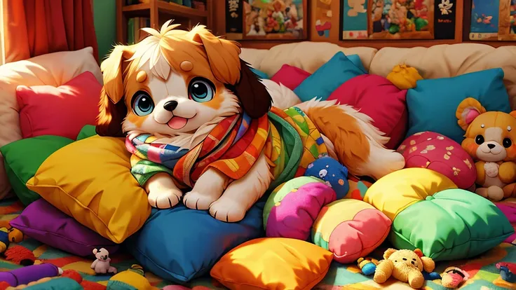 ((masterpiece,best quality)),adorable small black shih tzu puppy beautiful detailed eyes,colorful, vivid color, messy room, stuffed animals, toy, pillows, blanket, cushion

