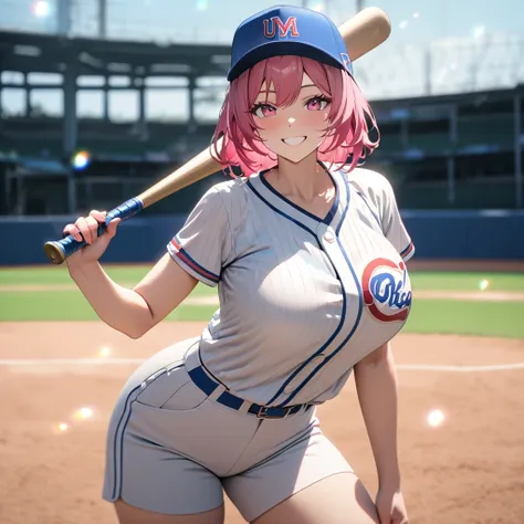 a woman wearing a baseball uniform, white shirt with a blue stripe, white sports shorts with a blue stripe, sports shoes, on a b...