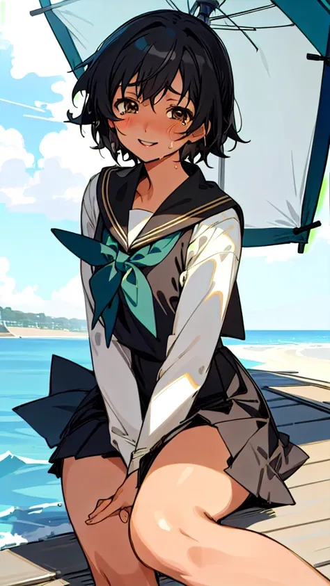 Anime Characters Tan Skin,Short black hair, Sit on the seaside, masterpiece, Highest quality, Detailed skin, Detailed eyes, Brown eyes,8k, Good shading, Detailed Background, Excellent anatomy 、Sailor suit with green ribbon、Black sailor suit collar、Black pl...