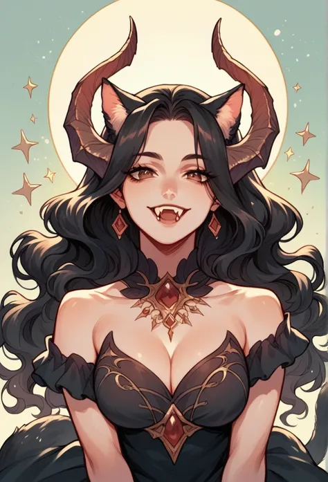 A beautiful woman, long wavy black hair, brown eyes, cat ears and tail, fangs, beautiful dress, horns, halfbody, fantasy world background 