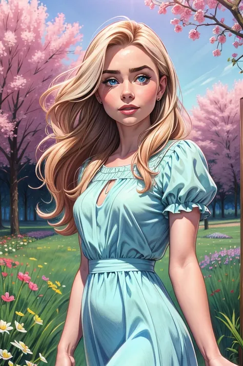 A colored pencil sketch of a beautiful swedish farm wife. crystal blue eyes. rosy complexion. full lips. Sabrina Carpenter. Sudectively dancing in a medow.