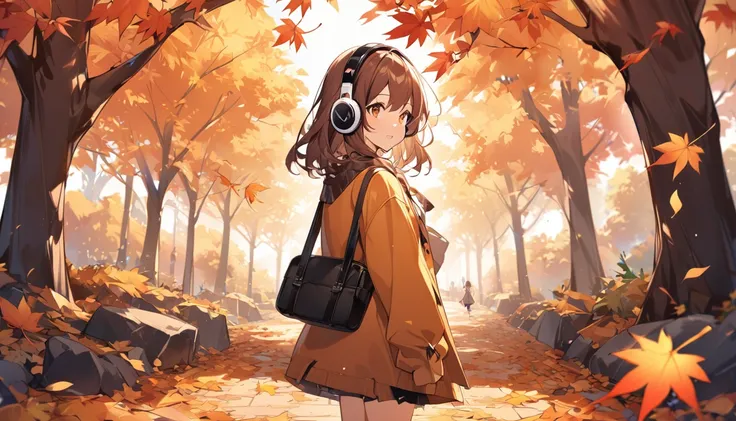 Girl wearing headphones。Brown Hair,1 person。bright。Detailed Background,In a park with beautiful autumn leaves、A girl walking through fallen leaves wearing headphones。