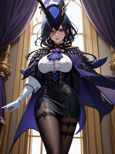 masterpiece, best quality, highly detailed, 1girl, solo, giclorinde, purple eyes, large breasts, hair between eyes, long hair, dark blue hair, earrings, black skirt, miniskirt, pantyhose, purple ascot, purple capelet, black corset, black pantyhose, black s...