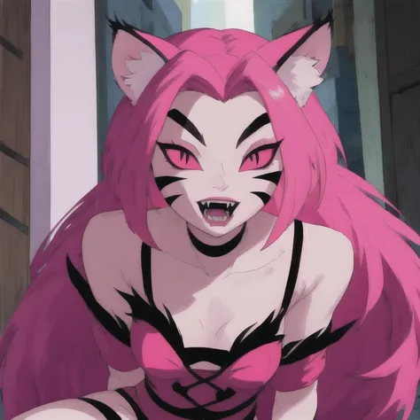 NyaNya, 1girl, solo, pink eyes, pink hair, pink skin, long hair, cat ears, cat tail, claws, slit pupils, pink lips, whisker markings, fangs, choker, best quality, masterpiece, park