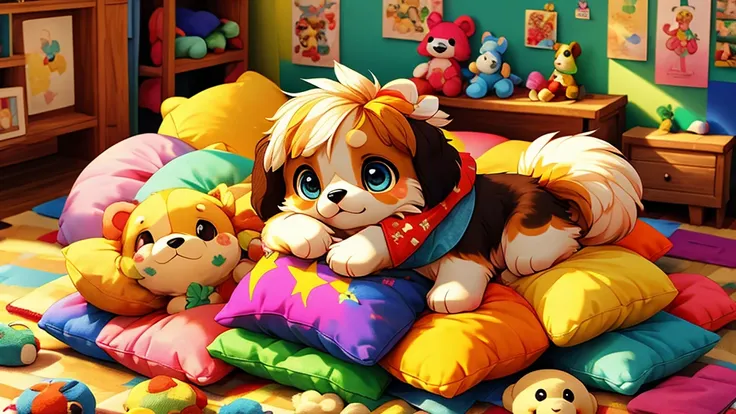 ((masterpiece,best quality)),adorable black shihtzu puppy beautiful detailed eyes,colorful, vivid color, messy room, stuffed animals, toy, pillows, blanket, cushion

