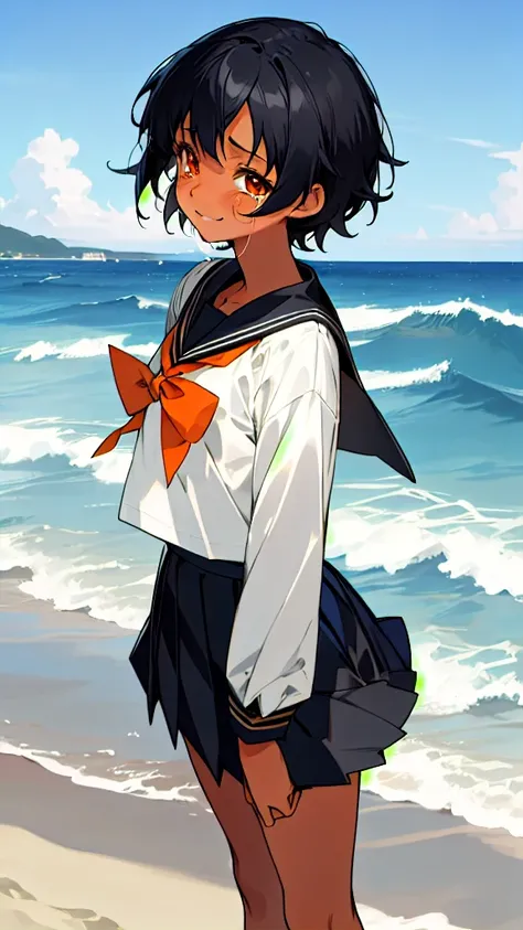 Anime Characters Tan Skin,Short black hair, Standing on the beach in the evening, masterpiece, Highest quality, Detailed skin, Detailed eyes, Dark orange eyes,8k, Good shading, Detailed Background, Excellent anatomy 、Sailor suit with green ribbon、Black sai...