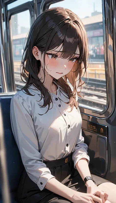 masterpiece , modern, Verism, masterpiece, super detail, best quality, 4K , a woman , dark brown hair, wearing white blouse , she is crying, sitting seat ,in train.