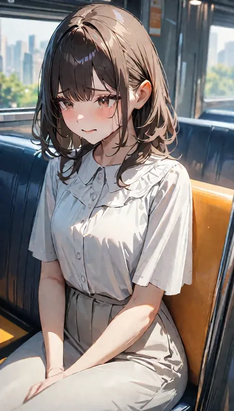 masterpiece , modern, Verism, masterpiece, super detail, best quality, 4K , a woman , dark brown hair, wearing white blouse , she is crying, sitting seat ,in train.