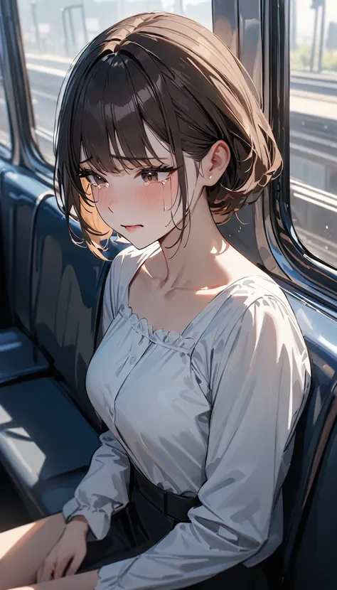 masterpiece , modern, Verism, masterpiece, super detail, best quality, 4K , a woman , dark brown hair, wearing white blouse , she is crying, sitting seat ,in train.