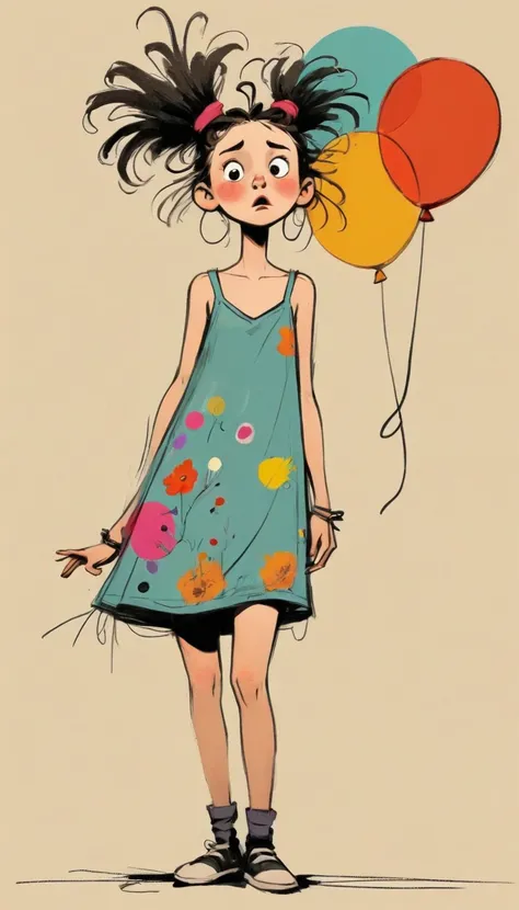 (((Exaggerated digital character sketches:1.37，Matchstick Men))).(1. Little Girl，Balloons in the distance，(Exaggerated expression,Exaggerated hairstyle)，Messy hair)，(Black sketch lines，Loose brushstrokes create the outline，Cartoon Style. Bright colors and ...