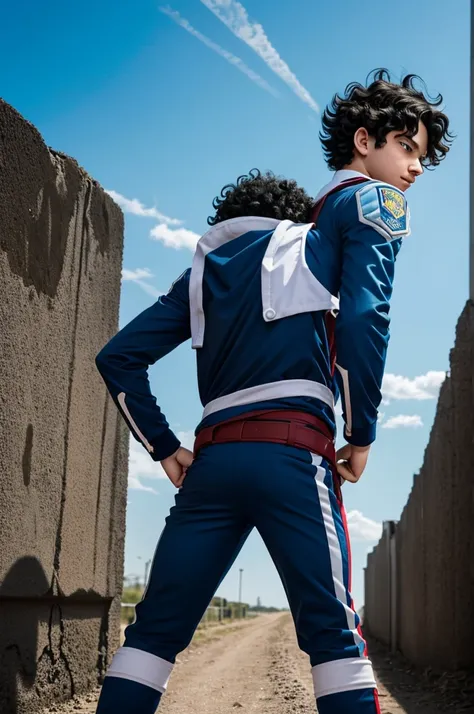 My Hero Academia student, 16-year-old boy with dark blue curly hair with bright light blue eyes wearing the My Hero Academia uniform, full body with his hands behind his back. 