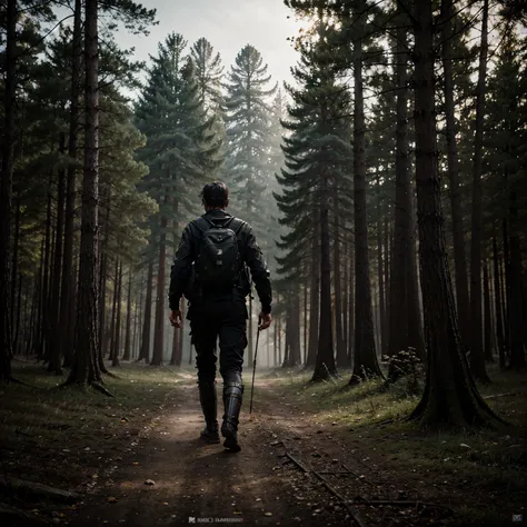 there is a solo robot walking in the forest with a backpack, old house, Stefan Koidl inspired, bussiere rutkowski andreas rocha, by Maxim Verehin, inspired by Maxim Verehin, inspired by Tomasz Jedruszek, dark cinematic concept art, nostalgic and mysterious...