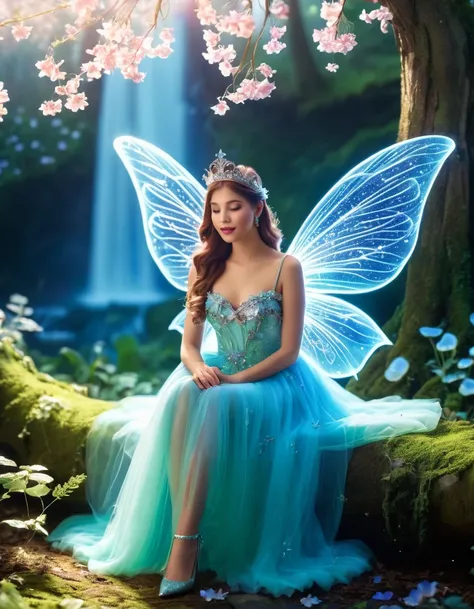 (Highest quality,4K,8k,High resolution,Tabletop:1.2),Very detailed,(Realistic,Realistic,Photorealistic:1.37),Fairy Queen,Shining Spell,Fantasy Forest,Beautiful attention to detail,Detailed lips,Enchanting atmosphere,Sparkling Light,Fairy Wings,Crown of del...