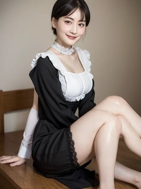 Highest quality、masterpiece、8k、Very detailed、Realistic、Looking at me with a smile、whole body、Black Hair、Short Hair、Small face、Slender、Big Breasts、Thin and beautiful legs、narrow and constricted waist,、Victorian maid clothes