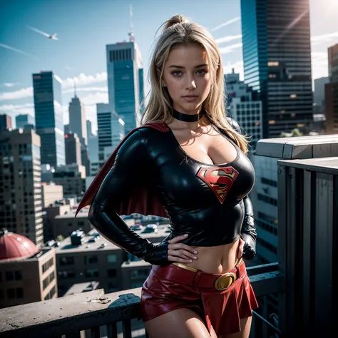 masterpiece, best quality, 1girl, supergirl,long hair,blonde hair,bodysuit,breasts,cape,belt,medium breasts,superhero,gloves,lips,blue bodysuit,belt buckle, curvy, toned, large breasts, ((cleavage)), narrow waist, ((midriff visible)), short red skirt,  rea...