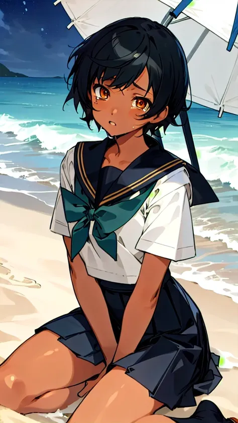 Anime Characters Tan Skin,Short black hair, Sitting on the beach at night, masterpiece, Highest quality, Detailed skin, Detailed eyes, Dark orange eyes,8k, Good shading, Detailed Background, Excellent anatomy 、Sailor suit with green ribbon、Black sailor sui...