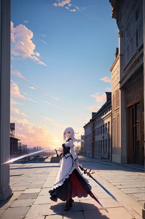 Anime girl with a sword and a dress posing in front of a building., a character portrait of Shitao, trend on pixiv, arabesque, cushart krenz art key women, trend on artstation pixiv, Best Anime 4K Konachan Wallpaper, Guweiz and Pixiv Artstation, Perfect wh...