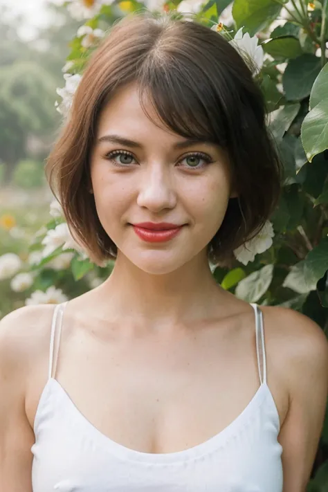 ((Closeup of sexy muse girl in front of Guangdong flower garden, wear new white womens sleeveless t-shirt)),details of her face and skin, sharp focus on her face, perfect lighting on her face, short hair, bangs, (High nose)), (red lips, white teeth), ((sma...