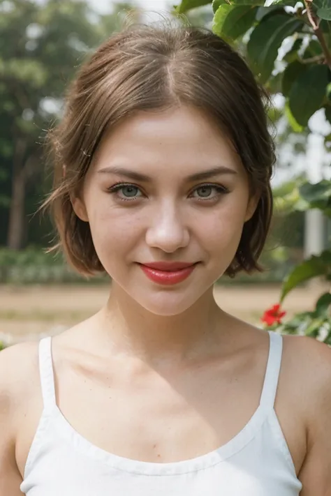 ((Closeup of sexy muse girl in front of Guangdong flower garden, wear new white womens sleeveless t-shirt)),details of her face and skin, sharp focus on her face, perfect lighting on her face, short hair, bangs, (High nose)), (red lips, white teeth), ((sma...