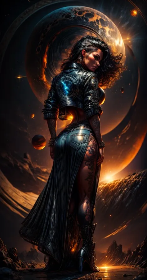 Tall Tough tattooed 40yo latina biker chick, Adult  Model Daisy Marie with two strong legs dancing swirling twirling almost collapsing on Saturns moon Calisto, looking like a creation that could actually survive there, wearing black leather graphics jacket...