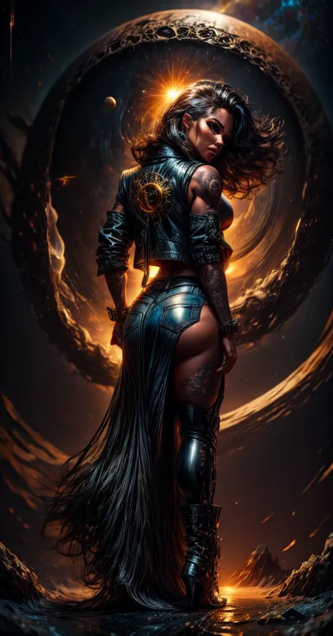 Tall Tough tattooed 40yo latina biker chick, Adult  Model Daisy Marie with two strong legs dancing swirling twirling almost collapsing on Saturns moon Calisto, looking like a creation that could actually survive there, wearing black leather graphics jacket...