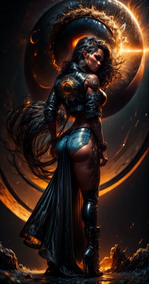 Tall Tough tattooed 40yo latina biker chick, Adult  Model Daisy Marie with two strong legs dancing swirling twirling almost collapsing on Saturns moon Calisto, looking like a creation that could actually survive there, wearing black leather graphics jacket...