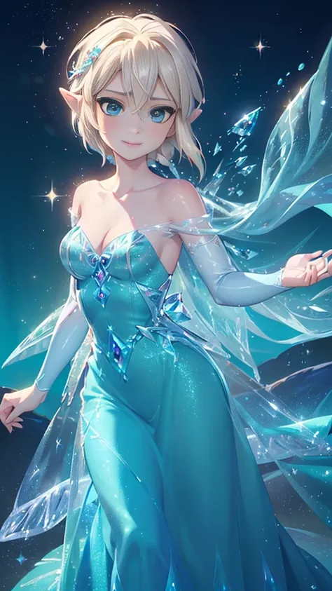 ((work of art)), (best quality), ((1 male)),((link from loz wearing a teal dress from elsa of arendelle, realistix long dress, collarbone, cleavage, sparkly ice particles in the front part of the dress)), gazing at viewer,( Short blonde hair, blue eyes), h...