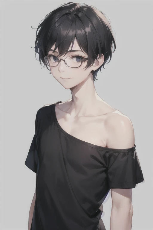 a boy, alone, with a somewhat thin, somewhat feminine body, black hair, medium short hair, slightly long hair on the back of the head ,black eyes, simple black glasses on, looking at the viewer, calm smile, loose black shirt with one shoulder exposed, simp...