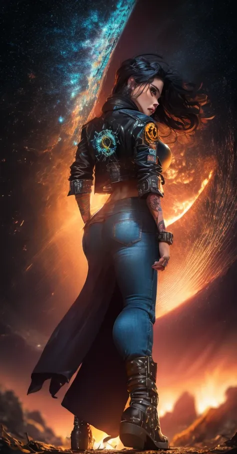 Tall Tough tattooed 40yo latina biker chick, Adult  Model Daisy Marie with two strong legs dancing swirling twirling almost collapsing on Saturns moon Calisto, looking like a creation that could actually survive there, wearing black leather graphics jacket...