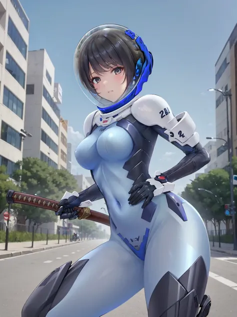 short hair, street, emo, BLACK hair, white eyes, eyeliner, apocalypse, (holding sword), astronaut, fighting stance,  girl,   running, road, city,  fortified suit, ((blue:1.5) plugsuit), short hair, outdoors, cinematic light,  medium breasts, covered navel,...