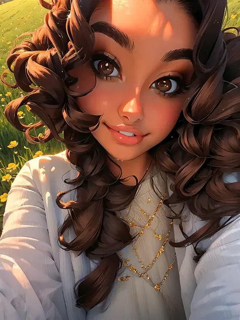 (masterpiece:1.2), (best quality:1.2), perfect brown eyes, perfect face, perfect lighting, 1girl, mature female in a field, dark brown hair, curly hair, detailed clothes, detailed outdoor background, makeup, eyeshadow, thick eyelashes, fantasy, looking at ...