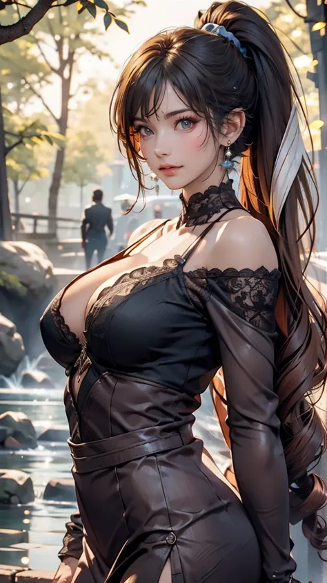 Close-up portrait, Sexy SS blonde, parted lips, lips, Off-the-shoulder casual dress, View your viewers, Forest Background, Sunset Light, Realistic、 24-year-old female、Sexy proportions、Sexy breasts、Narrow waist、Long eyelashes、Cleavage Emphasis、Split Ponytai...