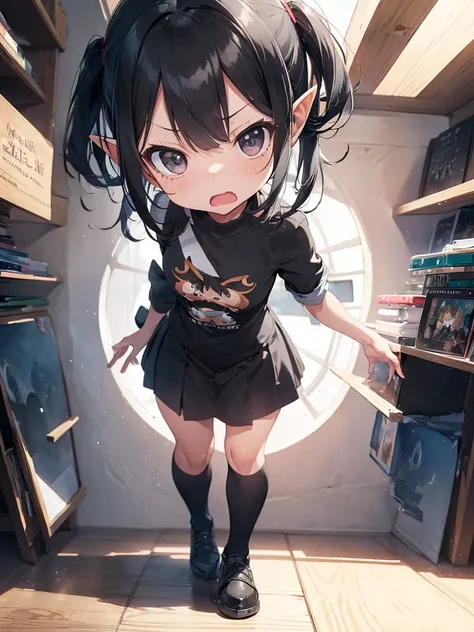 High resolution, 8K Ultra HD, ((watercolor))), ((((black hair)))), ((chibi style)), A biology encyclopedia is spread out on the table. A very small and cute elf fairy, 15cm tall, is standing next to a picture book on the table and staring at you. Very long...