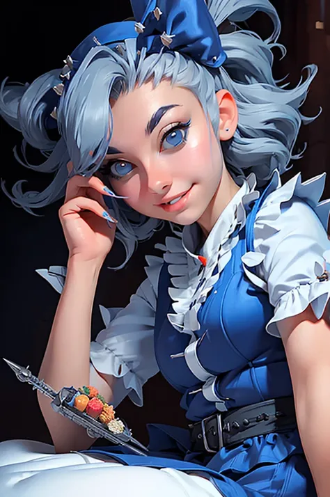 ((16 Nights Sakiya)), ((Touhou Project)), Cosplay, 20-year-old woman, (((gray hair)), ((medium spiky hair)), ((blue maid outfit)), ((white blouse)), midchest, (light)))), (pose))), (photorealistic photo: 1.3), rim lighting, (high detail skin:1.2), 8K UHD, ...