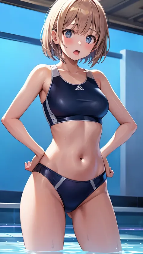 An active 18-year-old girl、Wearing a competitive swimsuit、Mouth open with a surprised expression、Standing with hands on hips、Realistically painted under a brightly lit pool、High resolution images。The water is up to the height of the belly button。