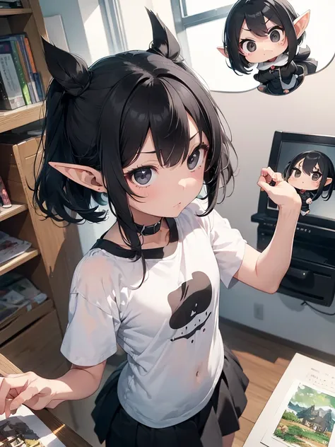 High resolution, 8K Ultra HD, ((watercolor))), ((((black hair)))), ((chibi style)), A biology encyclopedia is spread out on the table. A very small and cute elf fairy, ((15cm tall)), is standing next to a picture book on the table and staring at you. Very ...