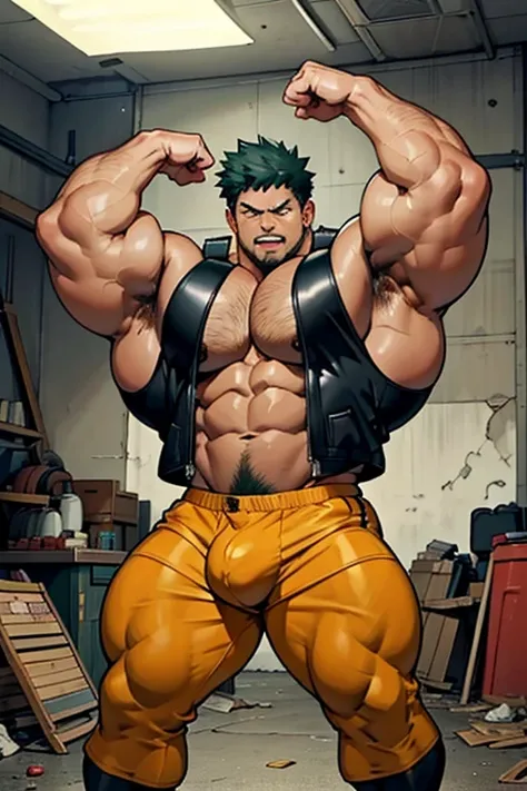 Midoriya and Bakugo, Midoriya from My Hero Academia shoving Bakugos face into his armpit as a hyper muscular hairy brainwashed morally corrupt thug in an abandoned warehouse wearing full body black shiny rubber latex pants and vest brainwashing his former ...