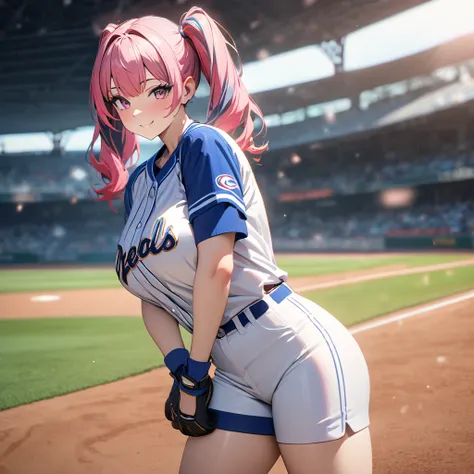 A woman wearing a baseball uniform, white shirt with a blue stripe, white sports shorts with a blue stripe, sports shoes, on a baseball field, hot pink hair, gray bangs, multicolored hair, pigtails, pink eyes, smiling, Big breasts, wearing a blue sports ha...