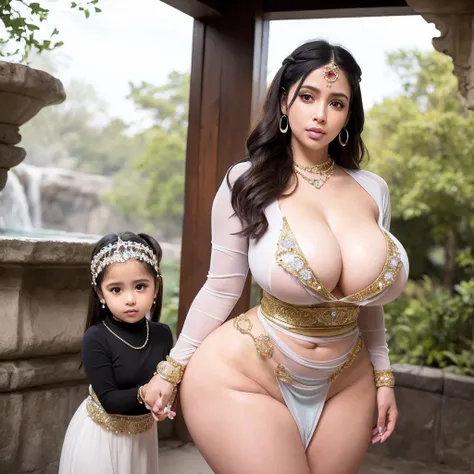 (masterpiece), ((mother and daughter:1.5)), ((posing together)), she hug her waist,  the best quality, expressive eyes, perfect face, beautiful details face, ((flawless goddess)), ((indian gold chain ornate jeweled headpiece)), ((indian heavy jewelry)), A ...