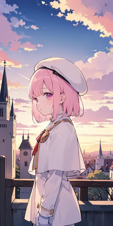 masterpiece, best quality, feforrest, otoko no ko, beret, pink capelet, pink tunic, white pants, brown gloves, upper body, sunset, gothic architecture, castle, clouds, looking at viewer, from side, shy