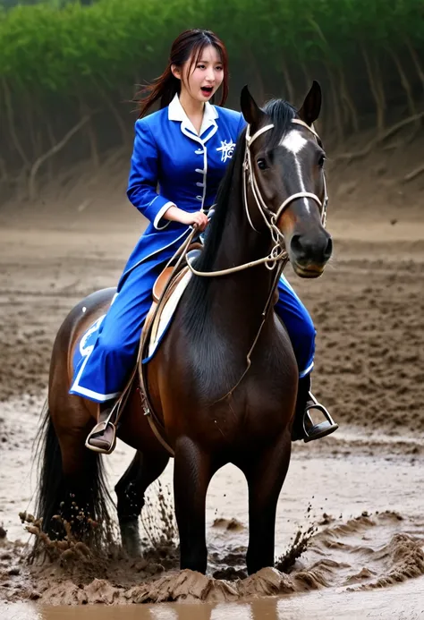 girl of riding horse accident,On a muddy slope,Neighing Horse,(((masterpiece))),(((Highest quality))),((Tabletop:1.4, Highest quality)), (Genuineな写真:1.4), Blue Haori,get caught in a net,Severe,Covered with thorns,
((1 beautiful knight)),Rodeo,Desperate,don...