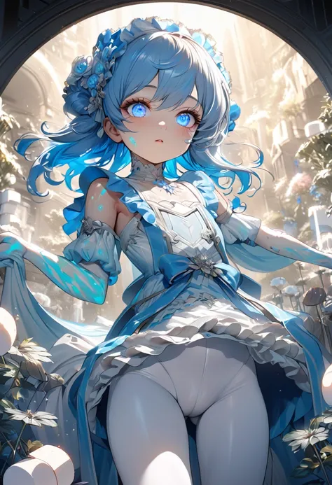 Ethereal Little Boy，Tights little boy，Blue Hair，antiquity, Soft and fair skin, White hair, White eyes, White tights, High Leg Raise, Starlight, Marshmallow, Lolita Fashion, Thin legs, Art Station, Hot, Ultra HD, 4K, Detailed anatomy, (Glowing skin), ((Oily...