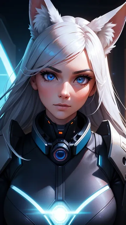 A detailed, highly realistic portrait of an adult female fox-eared anthropomorphic character, a heroine working for a supernatural control service, with beautiful detailed eyes, elegant facial features, long eyelashes, detailed and expressive face, dynamic...