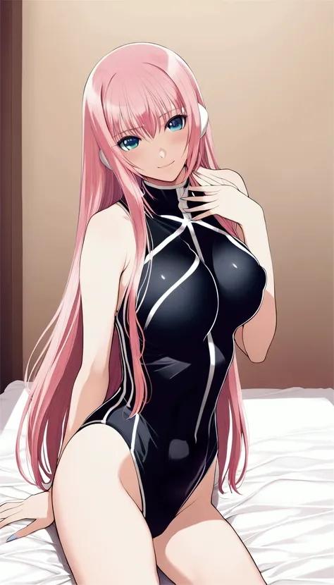 masterpiece ,Megurine Luka,E cup breasts,Pink long hair,blue eyes,Black competitive swimsuit,smile,Bedroom,